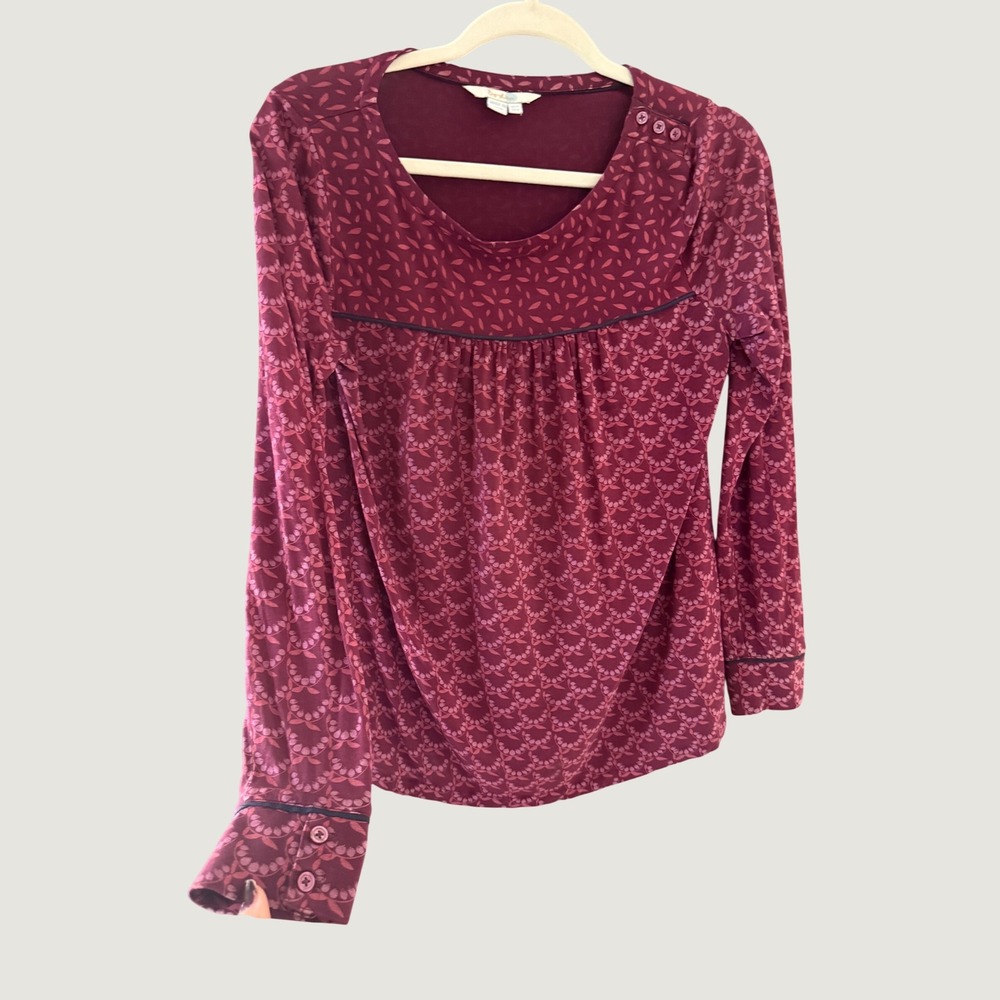 Boden Burgundy Tencel Empire Waist Botanical Print Top Fall Womens US 8